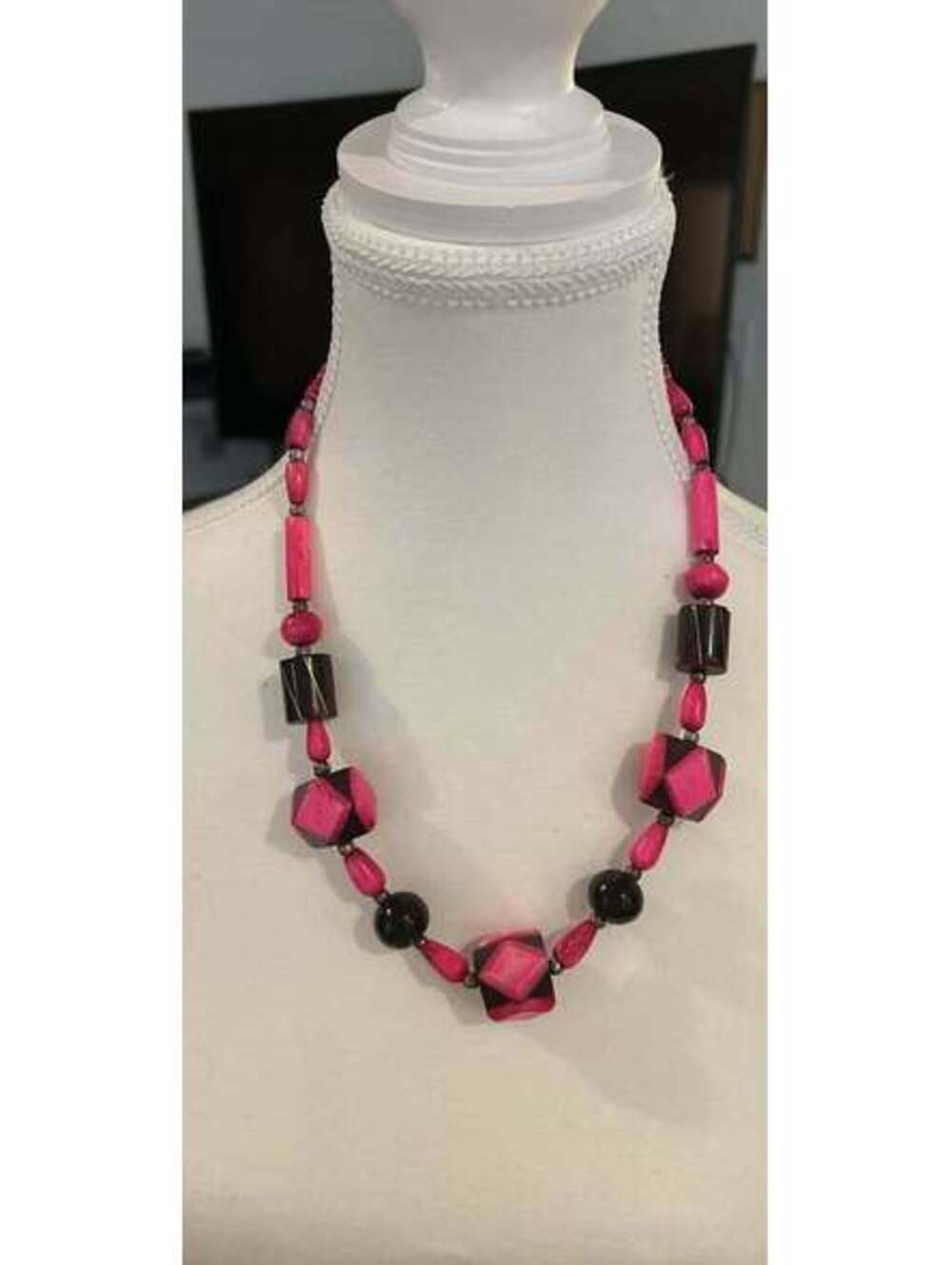 Vintage Pink and Black Chunky Colorblock Statement Necklace